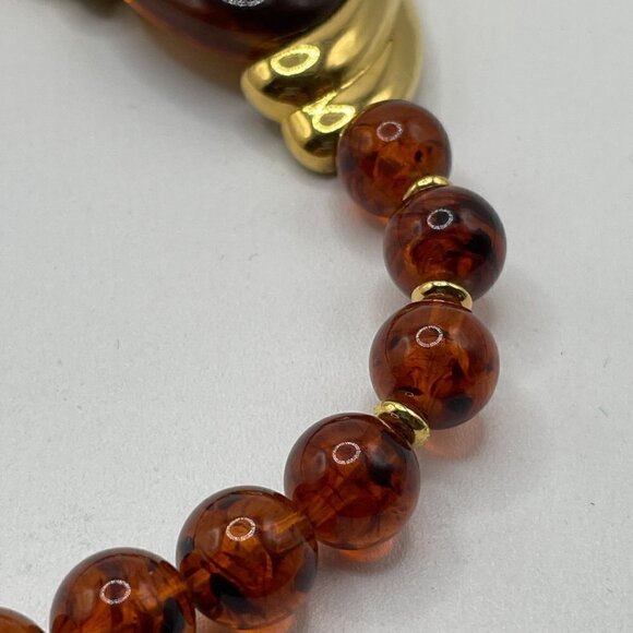 Napier Vintage Faux Amber Round Bead Gold Cabochon Plaque Statement Necklace - Picture 6 of 6